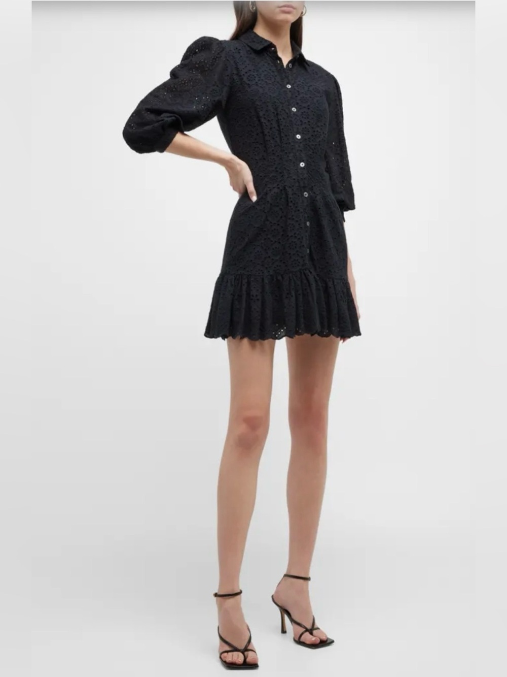 Veronica Beard Black Eyelet Cotton Mini Dress Size 2 Puff Sleeve - Picture 2 of 13